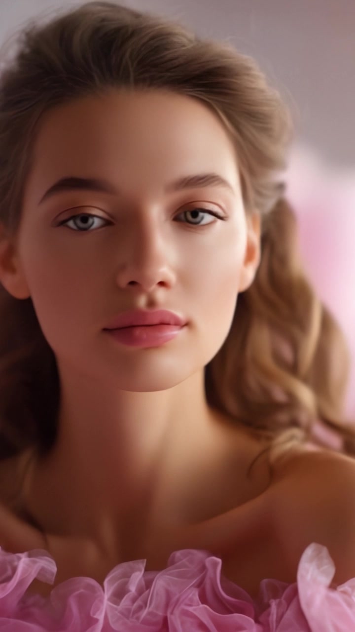 Un ritratto accattivante di una giovane donna con lineamenti marcati, che mostra la sua espressione delicata e lo sguardo ammaliante, incorniciato da un morbido e romantico tessuto rosa.