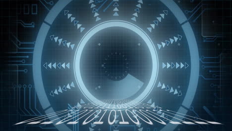 binary code and geometric shapes animation over futuristic digital interface