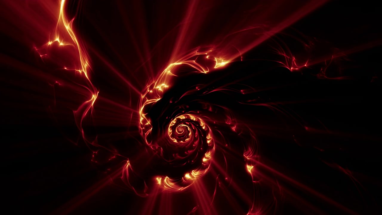 Spirale ardente abstraite de lumière rouge et orange incandescente tourbillonnant vers l'intérieur sur un fond noir profond, avec des traînées d'énergie lumineuses rayonnant du centre.