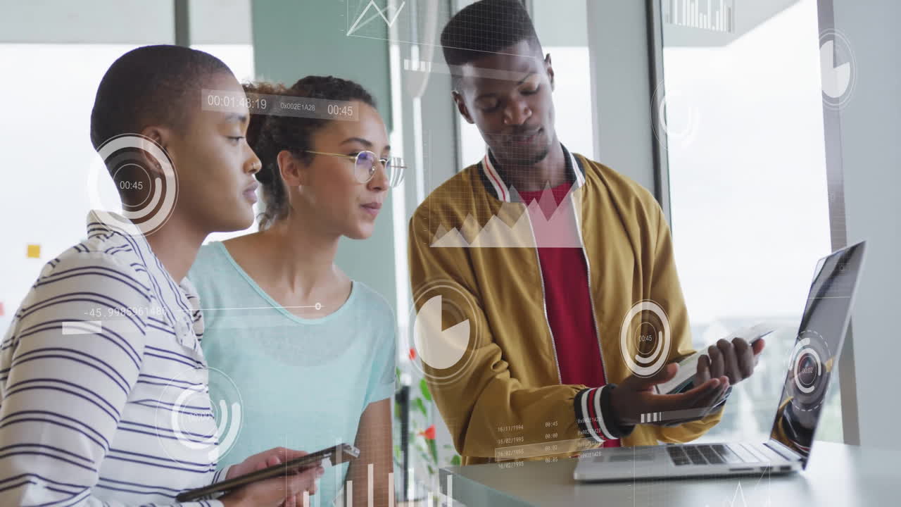 Animation of financial data processing over diverse business people in office