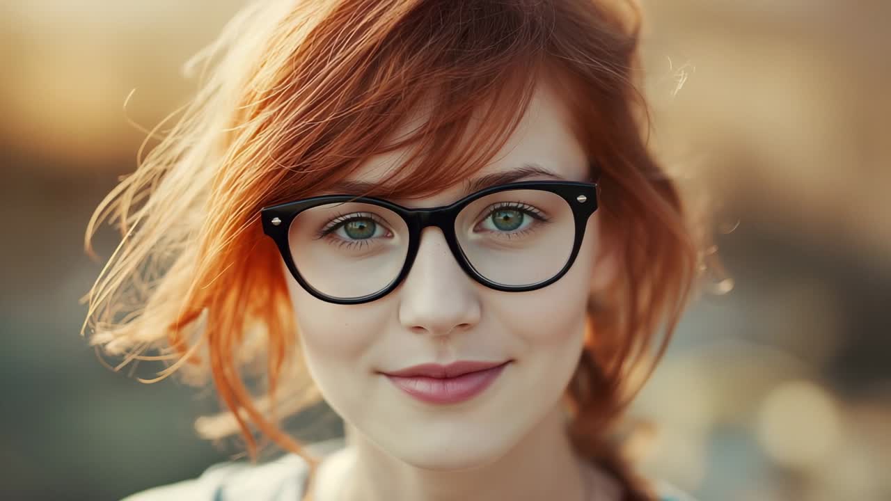 Gentle breeze moving woman's hair in black thick-rimmed glasses at golden hour forming soft gaze