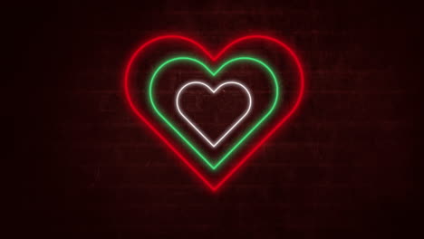 animation of green white and red concentric neon hearts flashing on dark brick wall