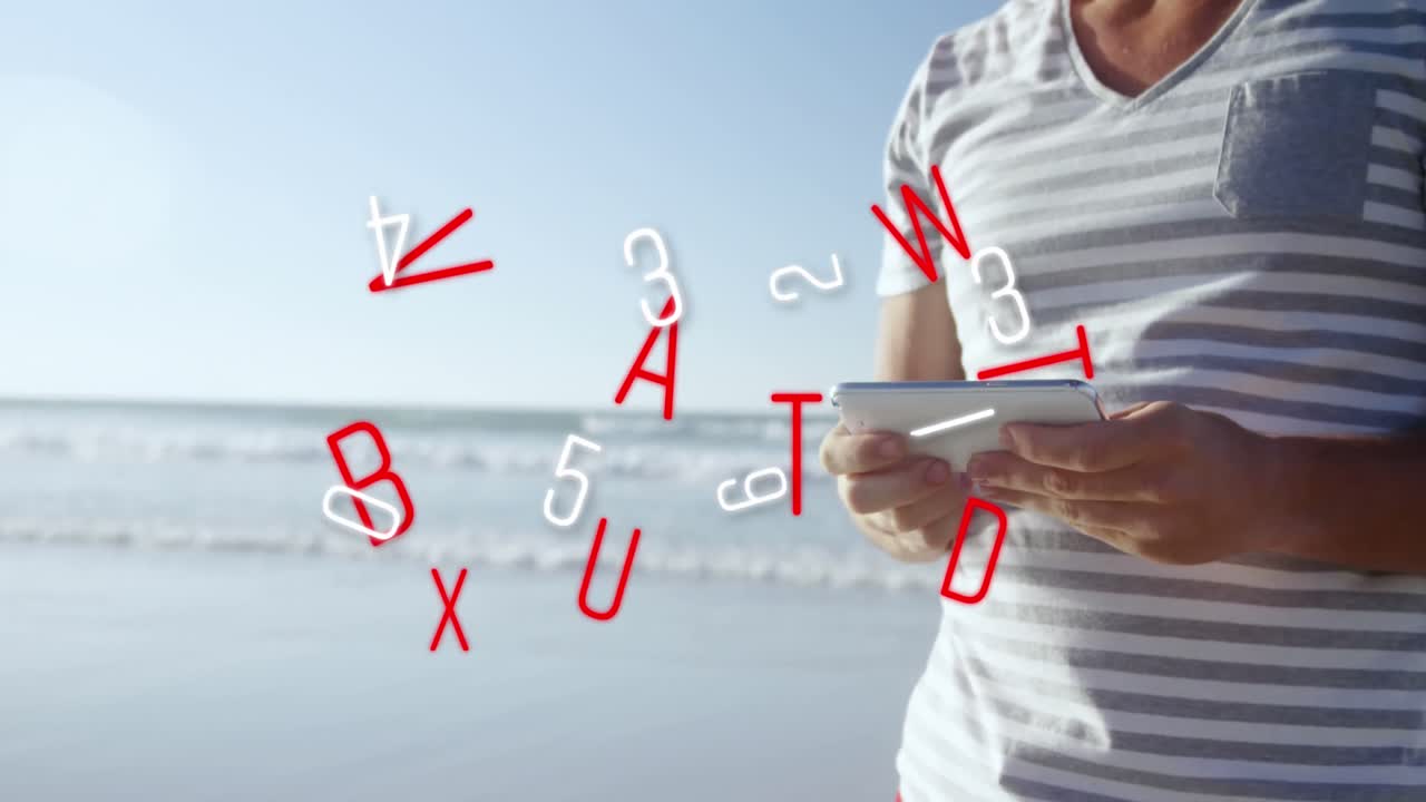 Animation of numbers and letters changing over woman using tablet