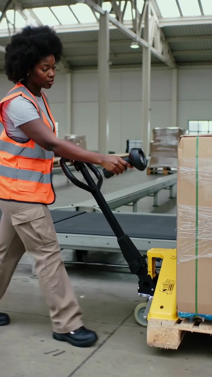 Video vertikal: Pekerja berrompi terlihat memindahkan dongkrak di pusat logistik, memindai label pada palet yang terbungkus.