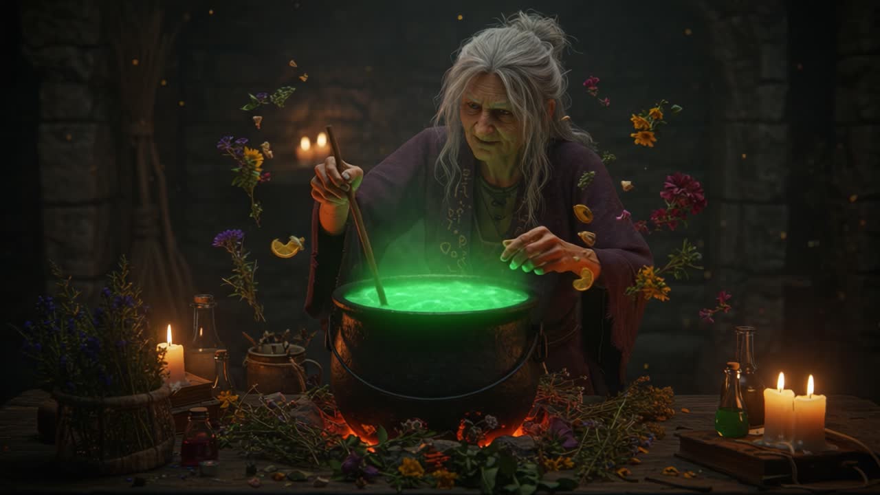 A Mysterious Sorceress Brews Enchanted Potions in Her Spellbinding Lair, Surrounded by Nature's Bounty and Glowing Elixirs That Sparkle with Magic