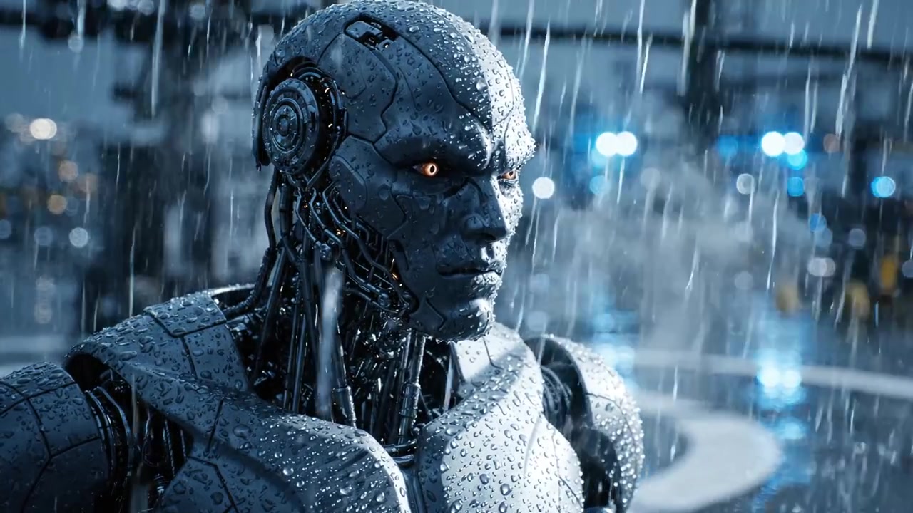 Una figura robotica sta in piedi con resilienza sotto una pioggia battente, caratterizzata dalla sua pelle metallica che luccica di goccioline, mostrando tecnologia avanzata e uno sguardo accattivante.