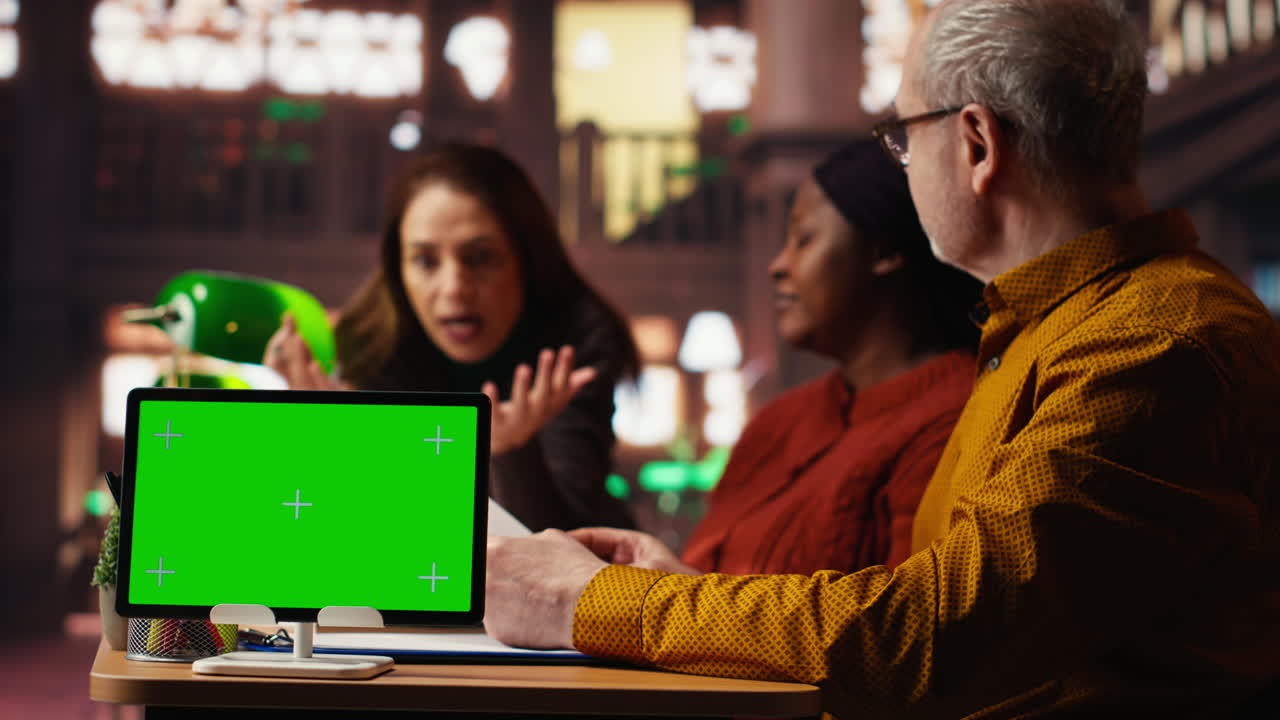 reunión de negocios con tableta de pantalla verde