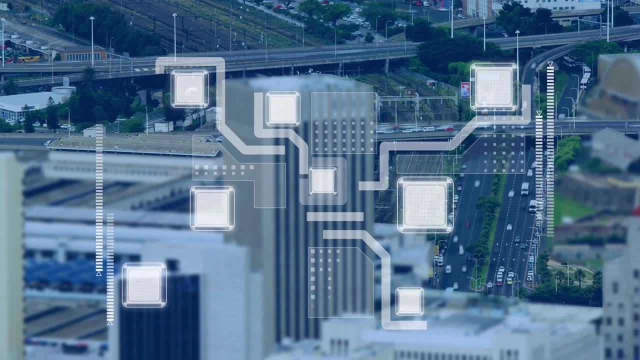 Animation of shapes moving over cityscape