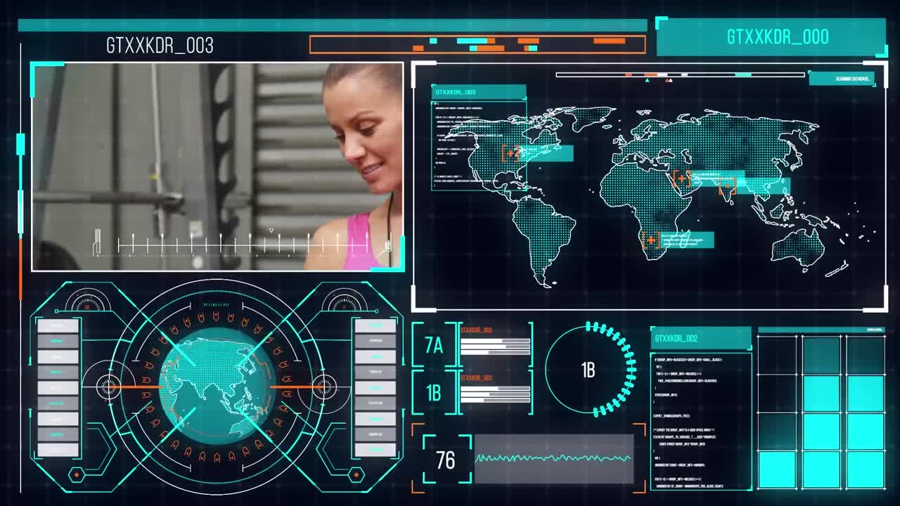 Animation of data and statistics processing over caucasian female fitness insrtuctor