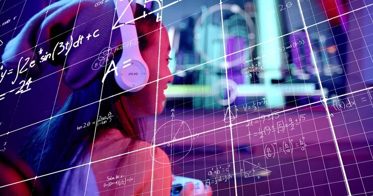 Student holding controller, gazing and launching grid overlaying equations for education