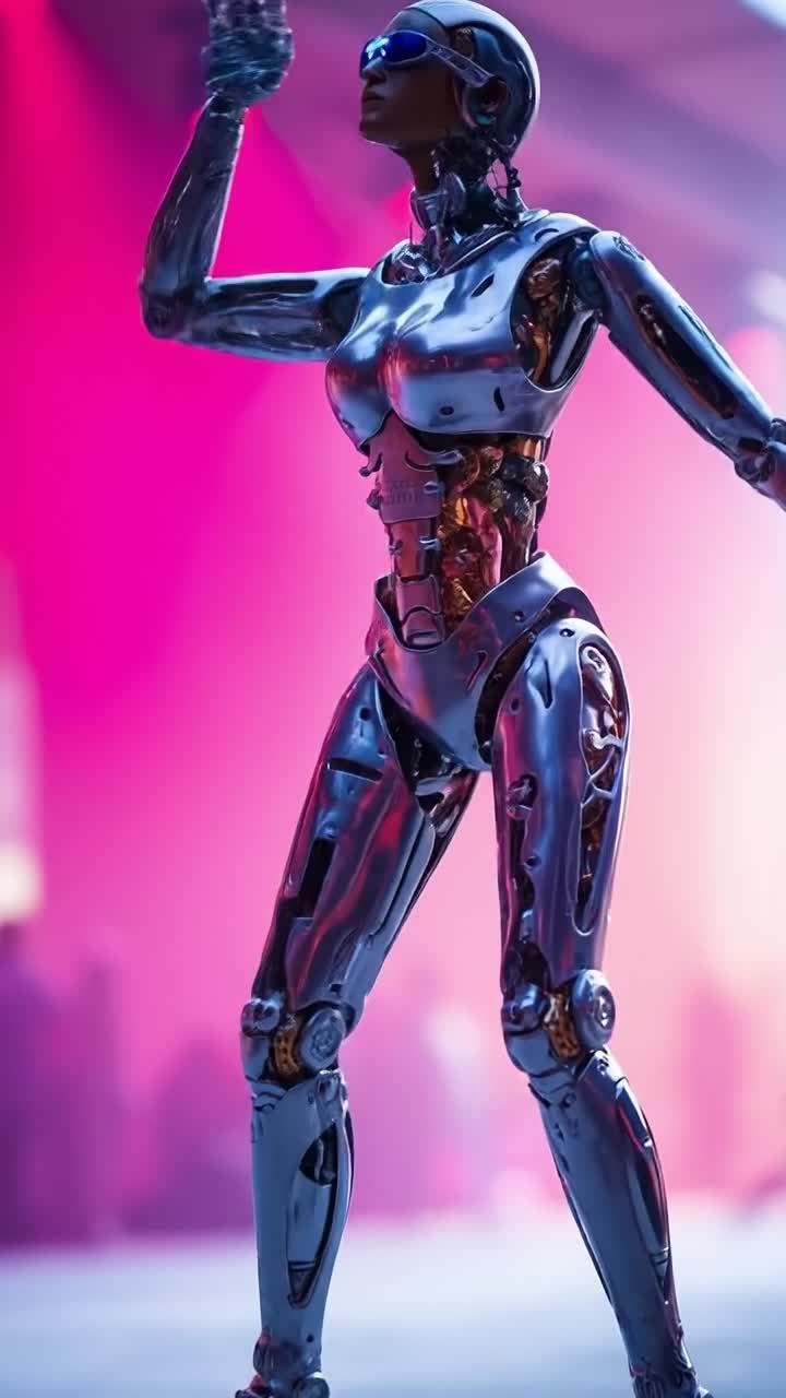 Female Humanoid Robot Standing in Pink Neon Smoke