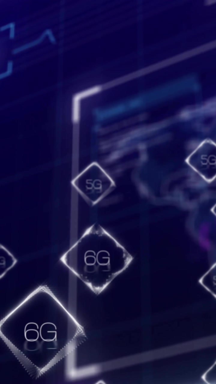 Animation of 5G and 6G technology symbols floating over digital world map