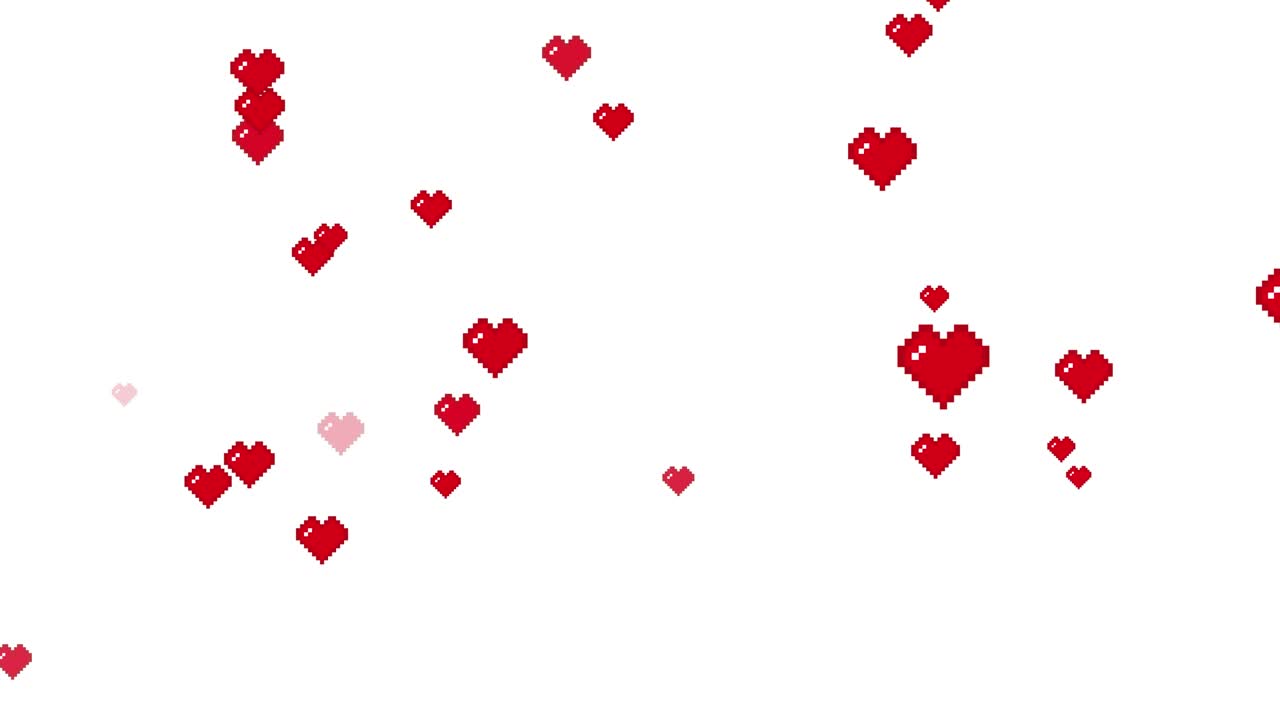 Animazione di cuori rossi pixelati volanti isolata su sfondo bianco