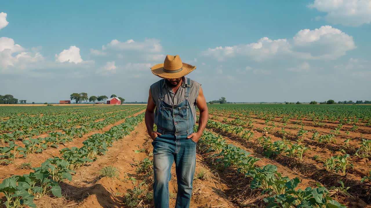 Fazendeiro caminhando em sulcos no campo, de chapéu de palha e macacão jeans, aproximando-se da câmera e inspecionando as plantações