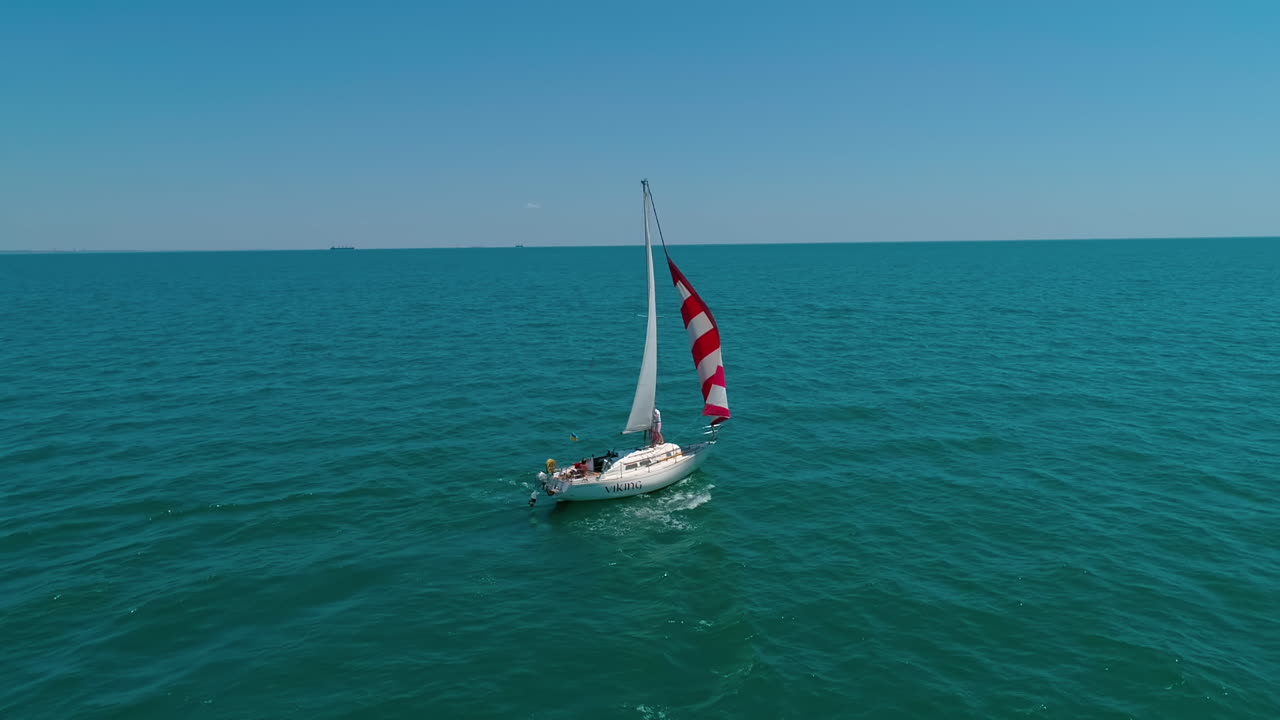 Luxury ship at open sea. Aerial drone view of sailing yacht at sea bay