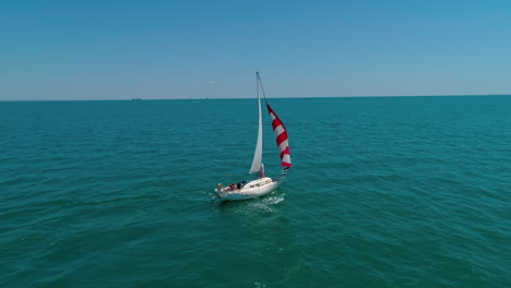 luxury ship at open sea. aerial drone view of sailing yacht at sea bay