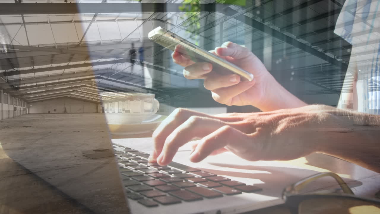 노트북을 사용하는 백인 남성의 창고 애니메이션