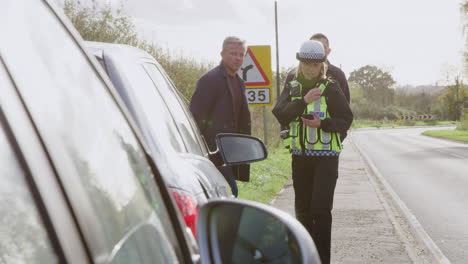 female traffic police officer takes statement from two male drivers at road traffic accident