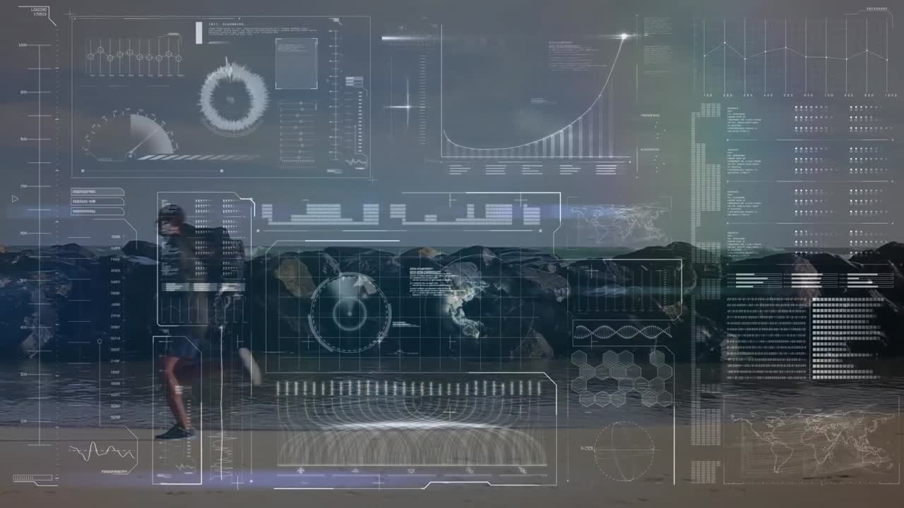 해변에서 달리는 적합한 사람에 대한 데이터 처리 애니메이션