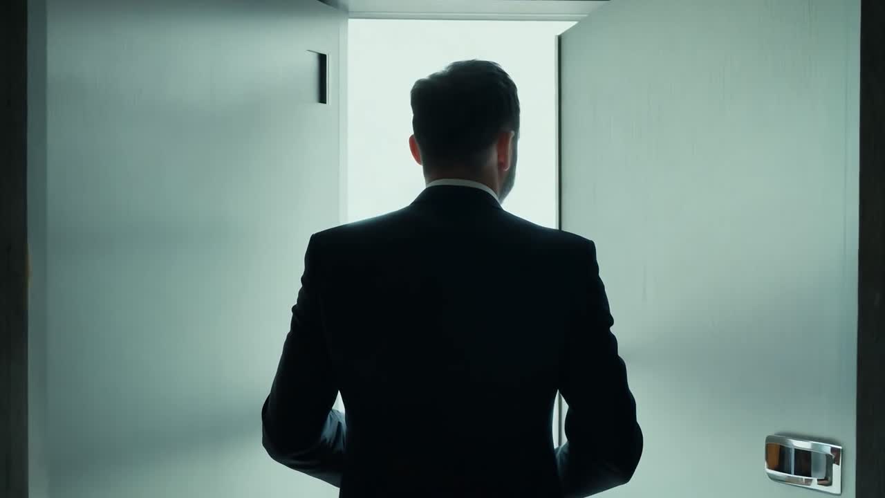 Uomo in abito che attraversa una porta aperta