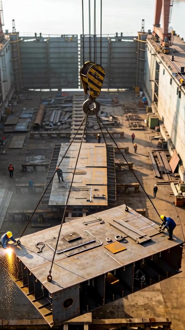 Vertical video: Crane hoisting module to dock to position, welder welding and crew guiding in blue
