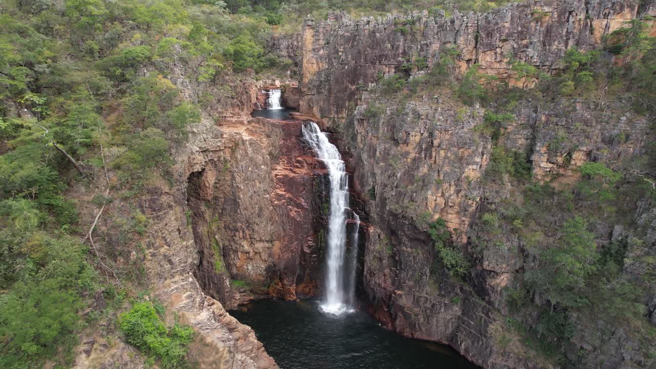 aerial video of waterfall at Chapada dos Veadeiros, Complexo do Macaco, Catedral Waterfall, Goias, Brazil