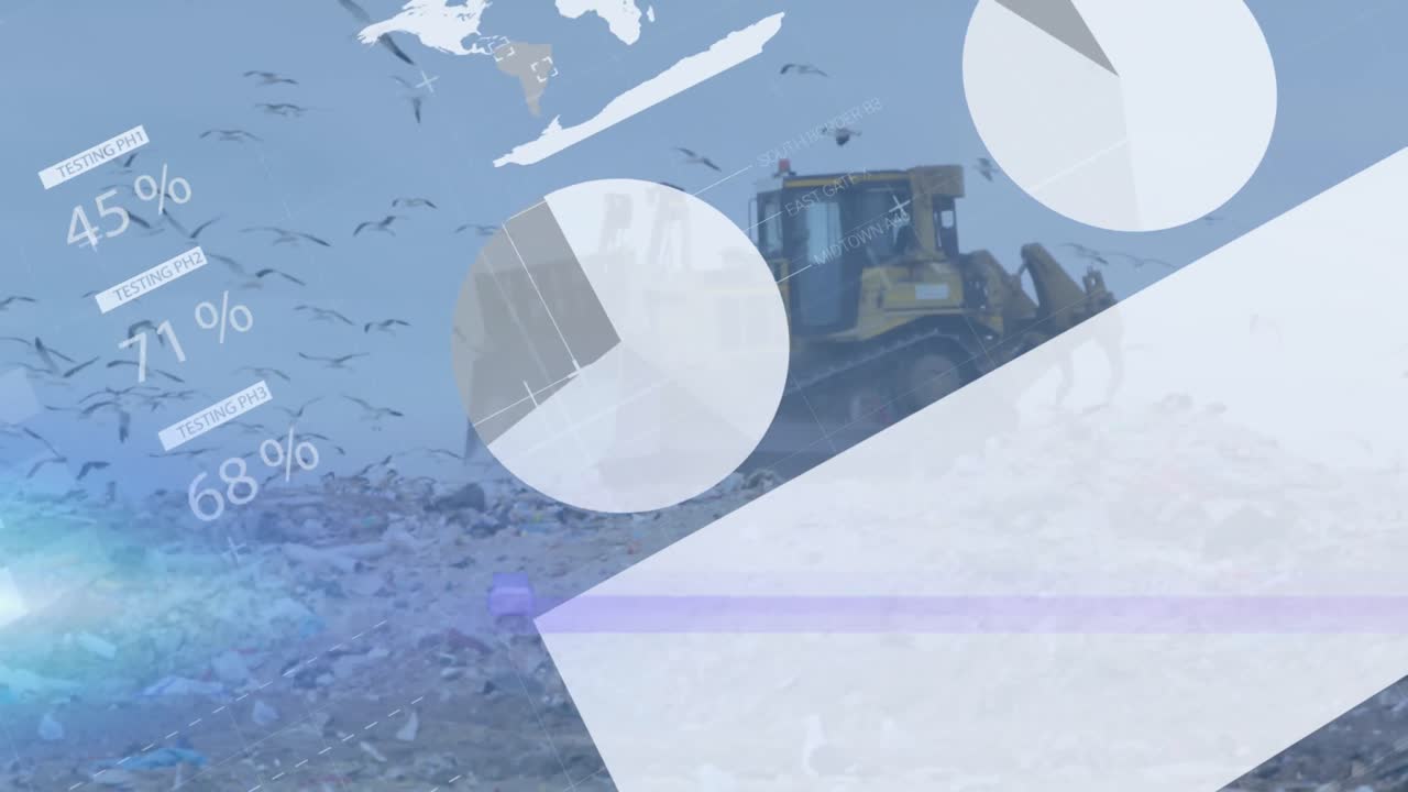 animación de gráficos y datos sobre excavador en el vertedero de residuos