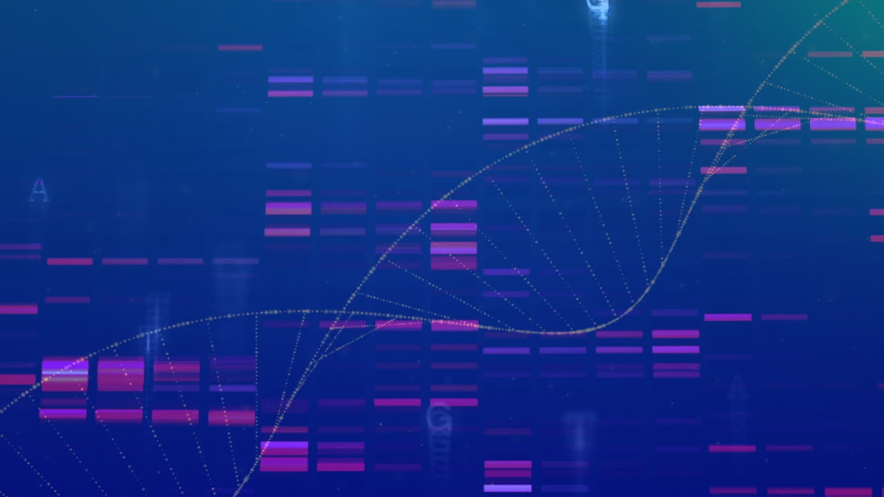 Digital animation of dna structure spinning over mosaic squares against blue background