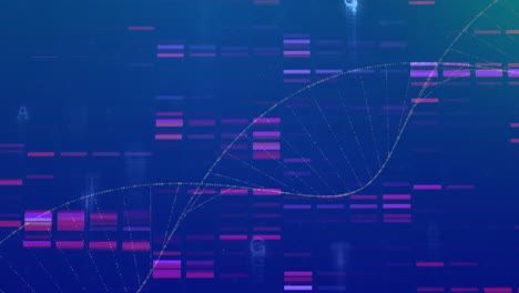 animación digital de la estructura del adn girando sobre cuadrados de mosaico contra un fondo azul