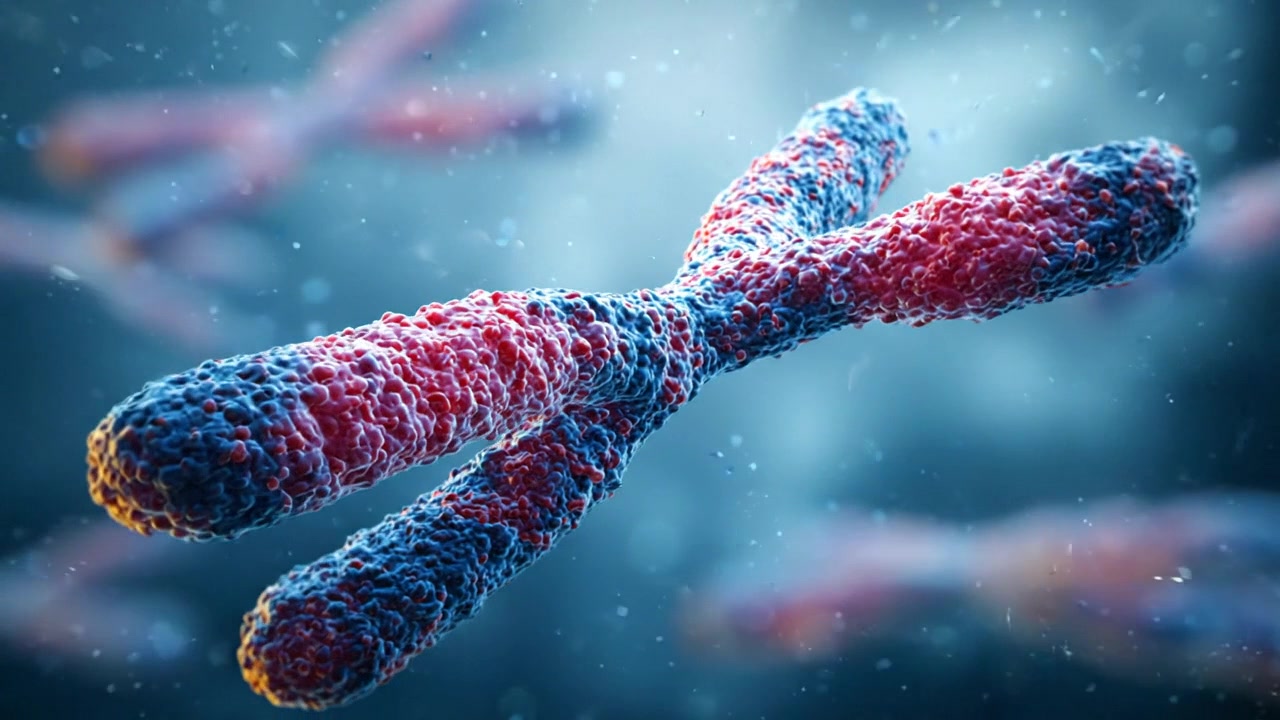 Animación 3D de un cromosoma humano flotando en un espacio microscópico.