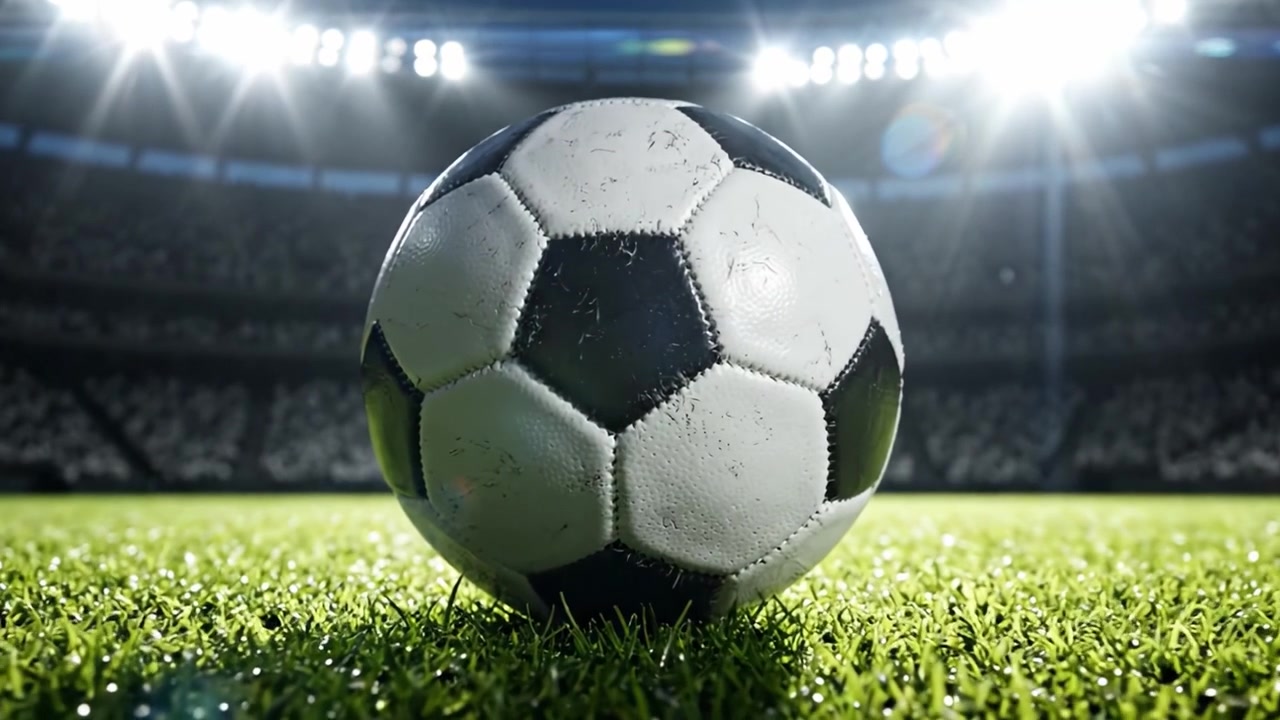 Ein Einblick in die spannende Welt des Fußballs: Nahaufnahme eines abgenutzten Fußballs, der auf dem Rasen liegt, umgeben von hellen Stadionlichtern und den nächsten Spielzug erwartend.