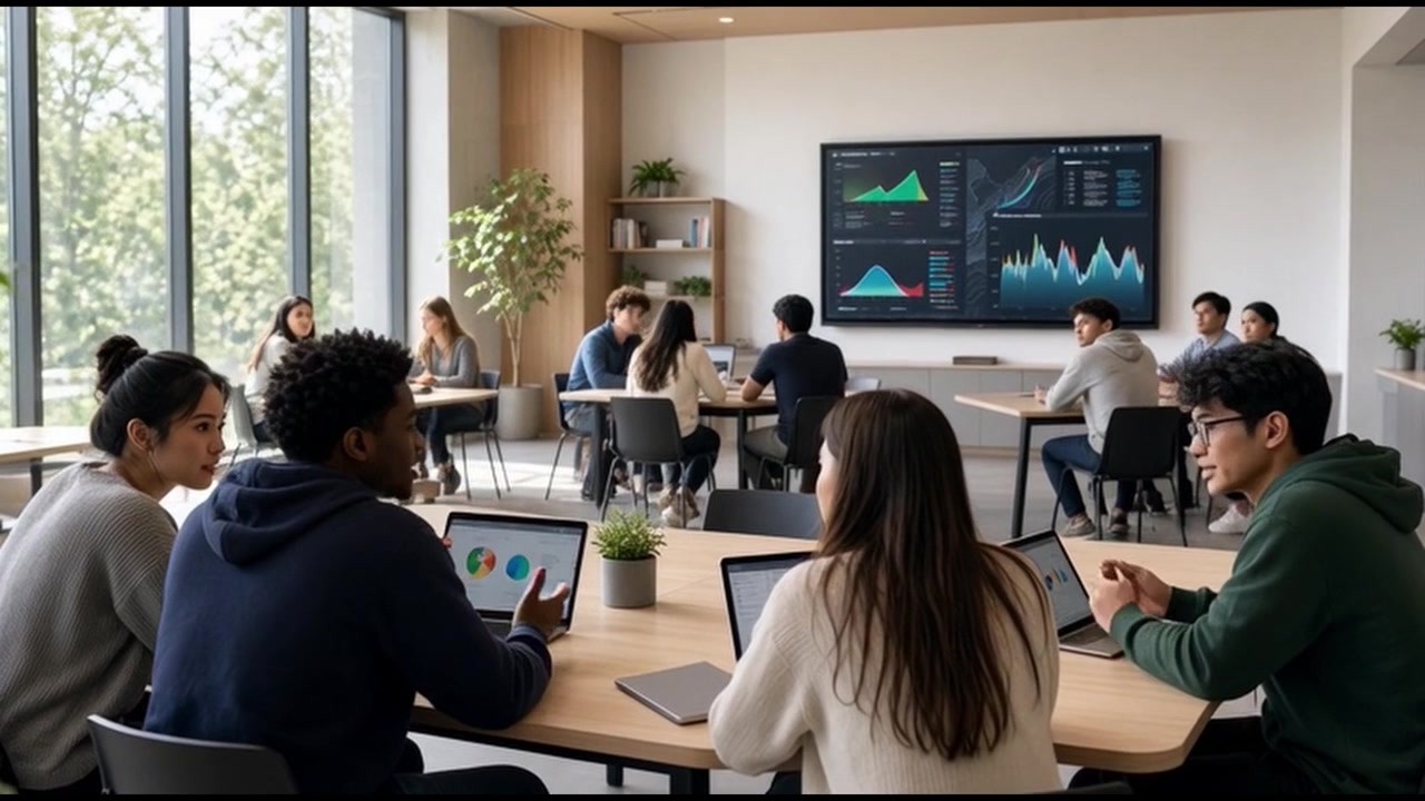 Diverse Group of Students Collaborating in a Modern University Study Hall