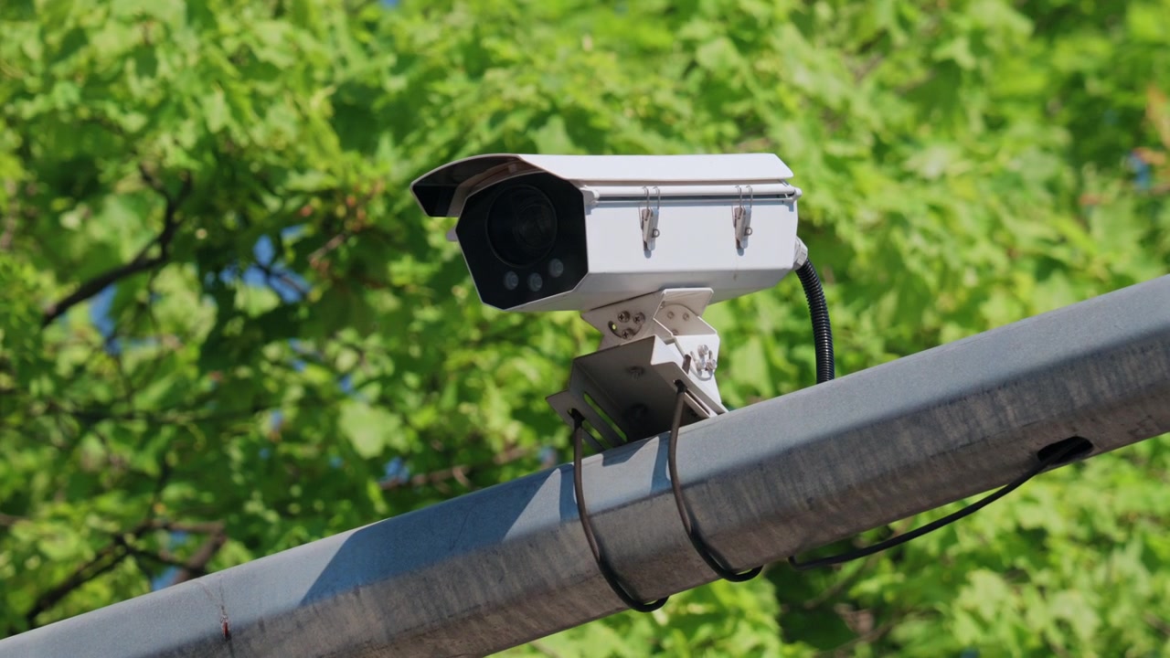 Telecamera di sorveglianza esterna montata su una struttura metallica con fogliame verde sullo sfondo