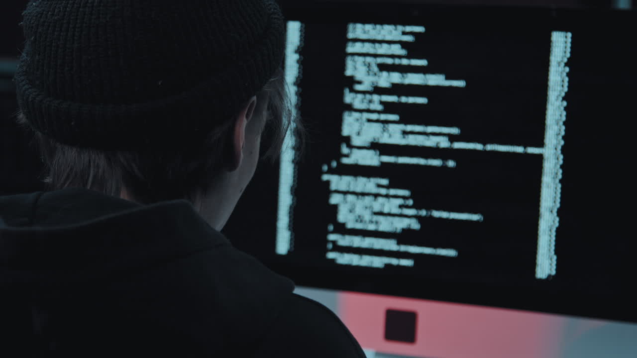 Man Coding or Hacking in Dark Office