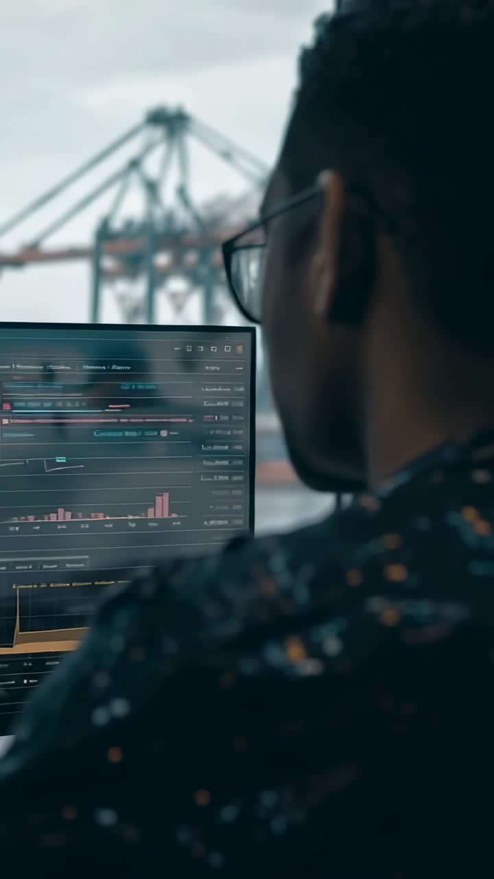 Vertikal video: Reaktion på opdatering, analytiker der inspicerer diagrammer ved et vindue med havudsigt, plads til tekst