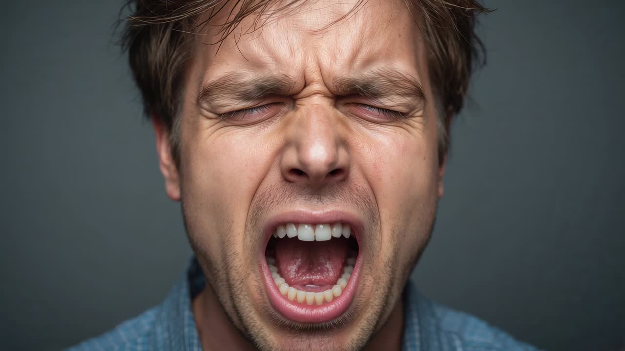 After sudden exhale, man pressing hands to face to stifle sneeze in studio, wearing blue shirt