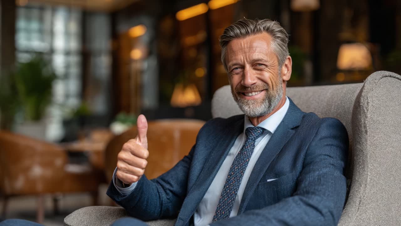 Confident Businessman Relaxing in a Stylish Office Lounge, Showcasing Professionalism and Charisma with a Friendly Gesture