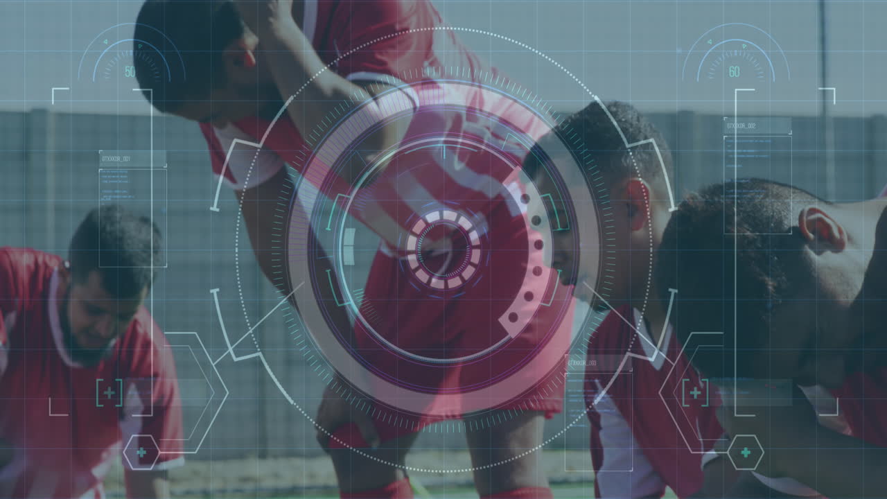 procesamiento de datos y escáner de alcance contra un equipo de jugadores de fútbol masculinos sentados en la decepción