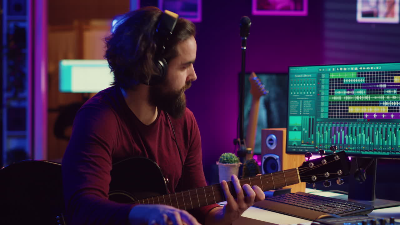 compositor musical grabando sus melodías de guitarra y añadiendo sonidos de teclas de piano