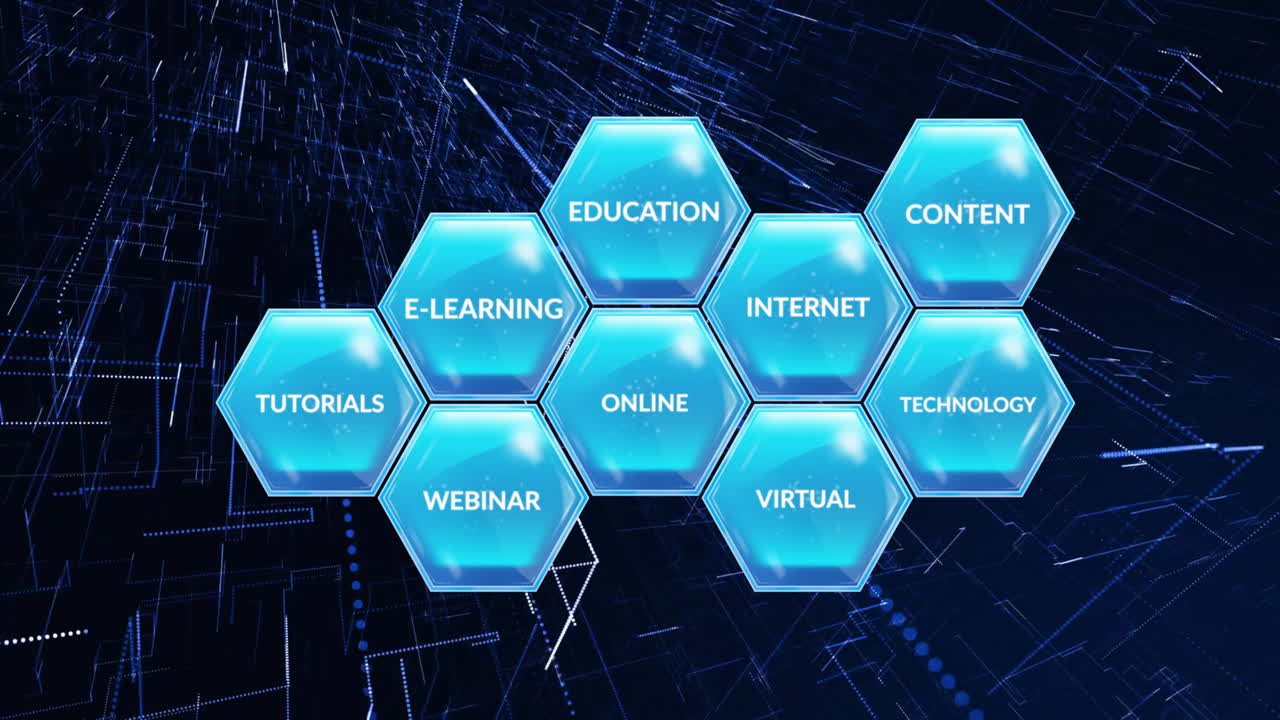 Animation of icons with connections and data processing over dark background