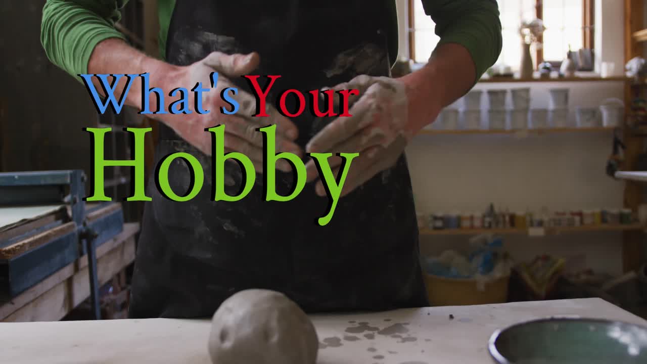 Composite video of what's your hobby text against mid section of male potter cleaning his hands