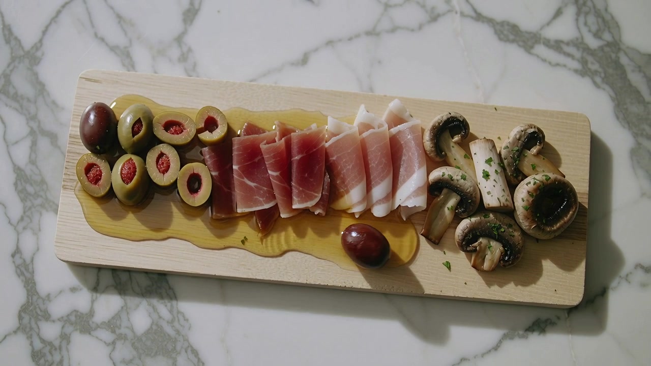 Sliding olive moving across wood board on marble top with ham and mushrooms while camera shifting