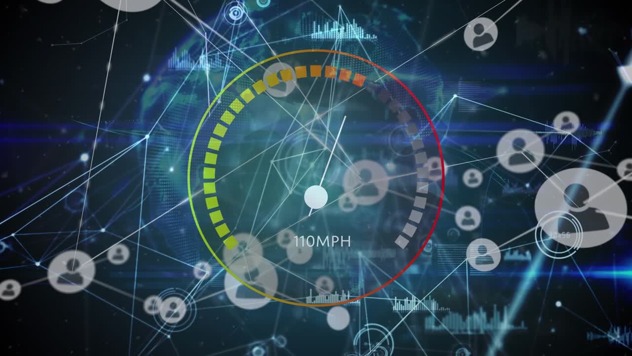 Animation of network of connections over data processing and globe on black background