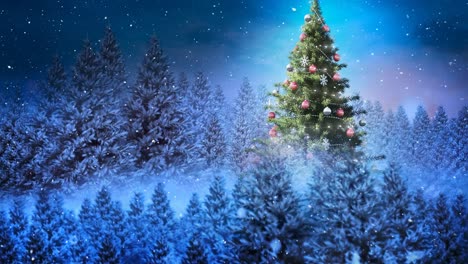 Animation-of-snow-falling-over-christmas-tree,-fir-trees-in-winter-scenery