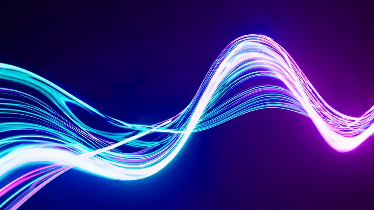 Dynamic video concept with glowing neon waves on a dark background