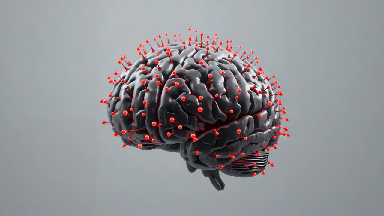 Playback starting 3D brain model rotating toward frontal view in studio, revealing red pins