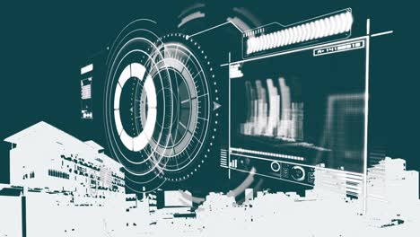 Animation-of-financial-data-processing-and-scope-scanning-over-cityscape