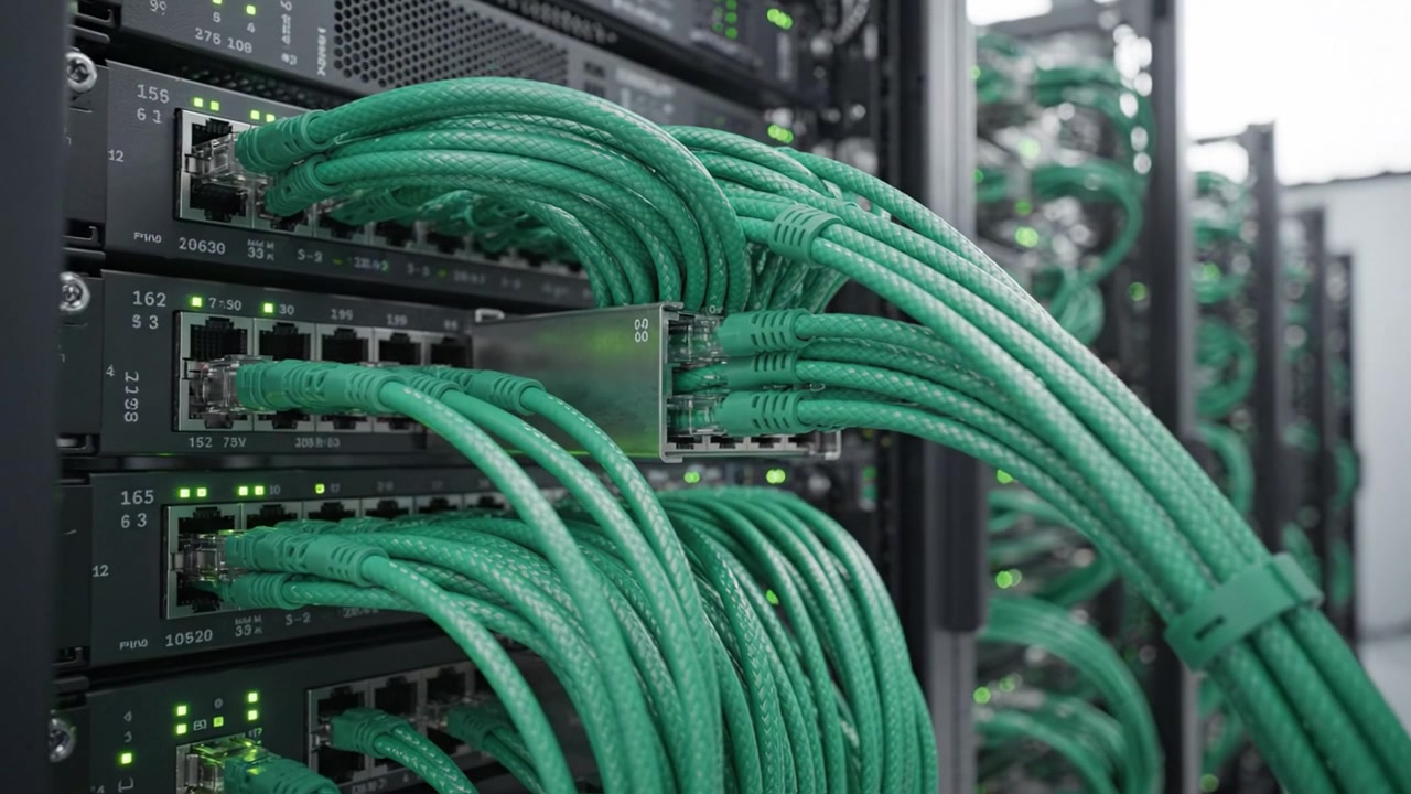 A Close Look at Data Center Infrastructure Featuring Green Cables and Network Switches in a Modern Server Environment with LED Indicators Illuminating Activity