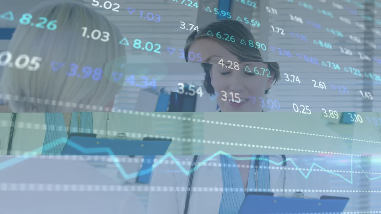 animación del procesamiento de datos y estadísticas sobre mujeres médicas con pacientes