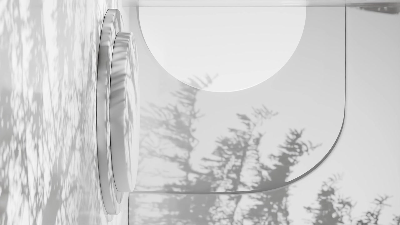 Minimalistisches weißes Podium mit abstraktem kreisförmigem Hintergrund und natürlichen Baumschatten. Modernes Konzept für einen Produktpräsentationsständer. Design für Banner, Poster, Tapeten und vertikale Header.